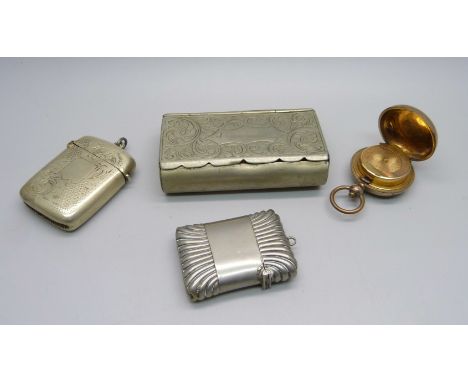 A 12ct rolled gold sovereign case, two vesta cases and a snuff box 