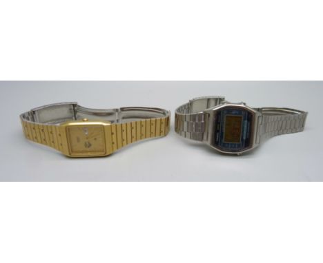 A vintage Casio Lithium 5 alarm chronograph wristwatch and a Seiko Quartz day date Barclays National Bank 25 Years Service wr