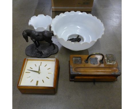 A HAC teak mantle clock, resin model of a horse and handler, a/f two opaque glass light shades and an oak pen stand, a/f **PL