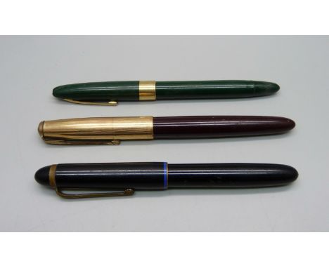 A Sheaffer jade green snorkel fountain pen with a 14ct gold nib (cap a/f)), a Parker fountain pen and a Brause fountain pen w