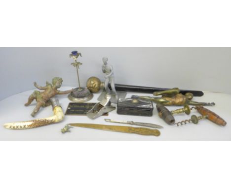 A silver mounted whip handle, page turner, corkscrews, etc. 