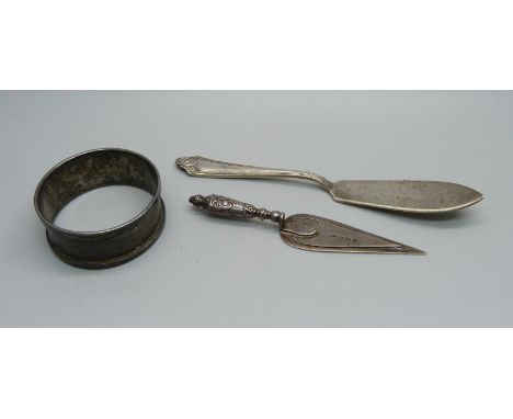 A silver bookmark, Birmingham 1903, a silver butter knife and a silver napkin ring, 35g 