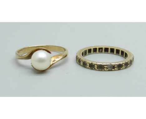 A 9ct gold and pearl ring and a 9ct gold ring marked Sym Spinel, 3.7g, N and K 