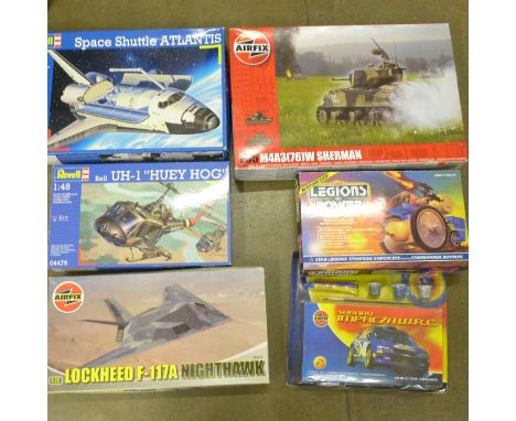 Model kits including Revell Space Shuttle and three Airfix and a Legions of Power toy 