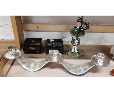 2 VINTAGE TRINKET BOXES, PIPER FIGURE AND CANDLEABRA 