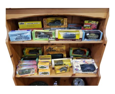 SHELF LOT OF TOY MILITARY VEHICLES TO INCLUDE CORGI, SOLIDO ETC 