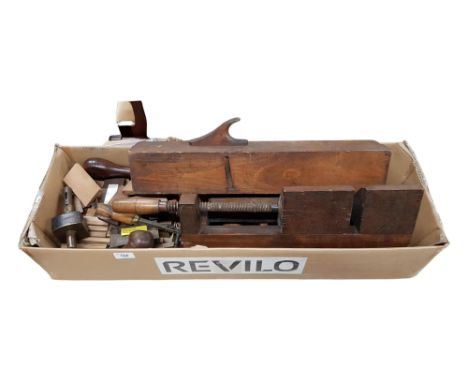 BOX OF OLD WOODWORK TOOLS TO INCLUDE WOOD SAMPLES