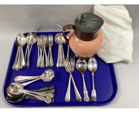 An Assortment of Stainless Steel and Silver Plated Cutlery, to include Duchess M Old English pattern soup spoons, forks, dess