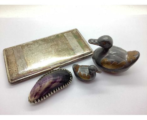 An Egyptian Cigarette Case, of slim rectangular form, with engine turned decoration, 15.7cm long; novelty duck trinket boxes;