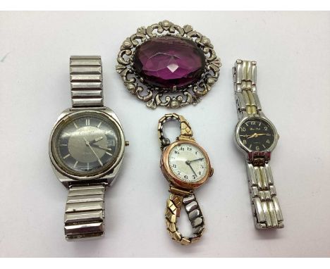 A Vintage 9ct Gold Cased Ladies Wristwatch, on later expanding bracelet; retro Rotary gent's wristwatch, modern ladies wristw