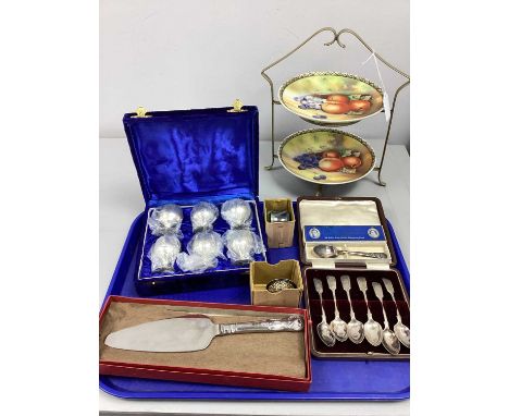 A Vintage Two Tier Cake Stand, with decorative ceramic plates, a cased set of tots, cased fiddle pattern teaspoons, a Kings p