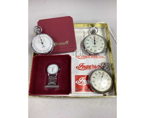 HANHART Openface Stopwatch, 1/5 Sec; TIM 1/10 stopwatch; Stadion stopwatch; Ingersoll nurse's watch. (4)