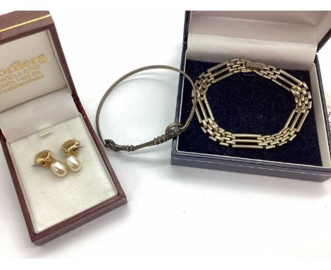 A Pair of Modern Freshwater Pearl Bead Clip On Earrings, stamped "9ct"; together with a Carrick Rennie Mackintosh bangle, box