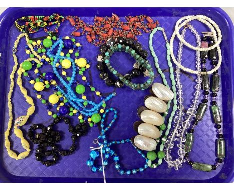 Vintage and Other Bead Necklaces, including turquoise foil glass bead necklace, French jet, shell bracelet, polished hardston