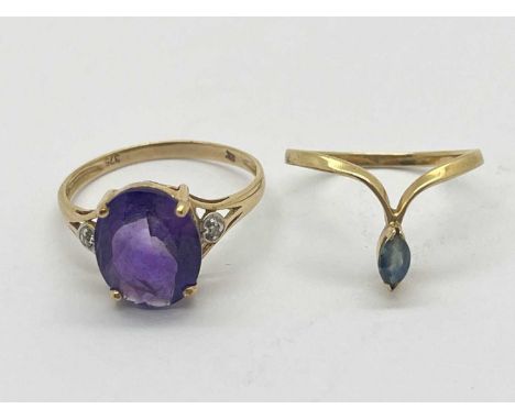 A 9ct Gold Stone Set Wishbone Ring, marquise cut to two claw set, stamped "E.JLD" (finger size I), an oval stone set dress ri