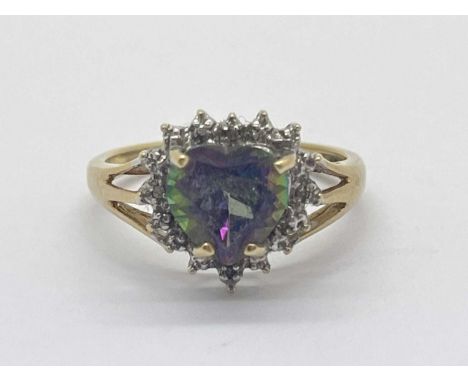 A 9ct Gold Mystic Stone Set Cluster Ring, of heart shape, four claw set to centre between bifurcated shoulders and tapering b