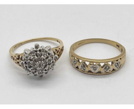 A Diamond Cluster Ring, of flowerhead design stamped "9KT " ".25 PTS" "#4" (finger size O1/2), a 9ct gold diamond heart ring,