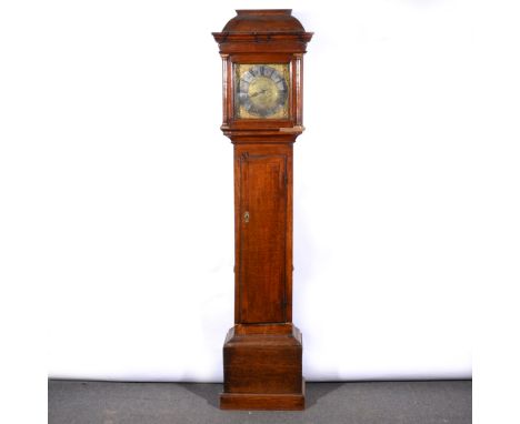 An oak longcase clock, square brass dial, signed Rich. Hackett, Harringworth, single hand, cast spandrels, thirty-hour moveme