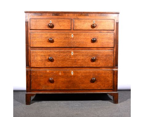 George IV oak chest of drawers, with mahogany banding to the frieze, fitted with two short and three long drawers, bracket fe