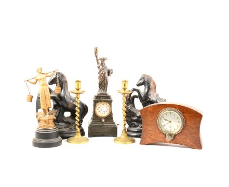 Chrome plated candlestick telephone, 36cm, oak cased mantel clock, brass candlesticks, other metalwares, pair of plaster hors