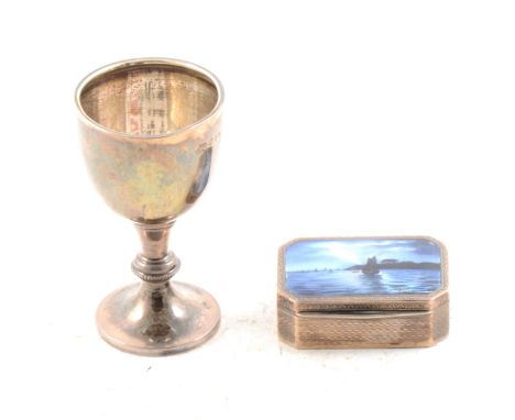 A silver and enamelled snuff box, engine-turned with night-time sailing scene on lid, import marks for London 1926, 4.9cm wid