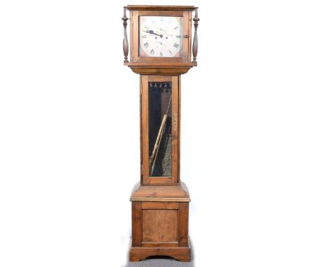 A contemporary stained pine longcase clock, lithoprinted dial, quartz movement, 174cm.