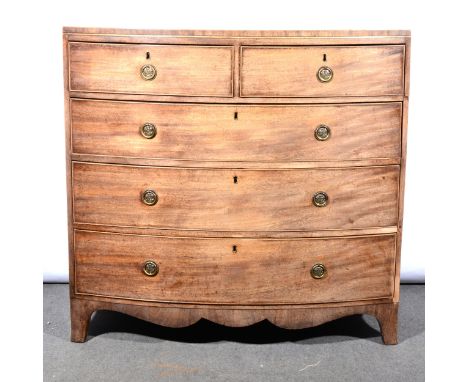 A Victorian mahogany bowfront chest of drawers, the edge with boxwood and ebony stringing, above two short and three long gra