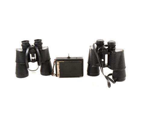 A Una Cameo folding plate camera, three other cameras and two binoculars, all cased.