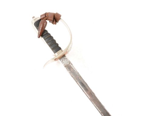 Elizabeth II dress sword, by Wilkinson, 81cm blade, corroded, chrome plated guard, leather covered scabbard in a kid skin lin