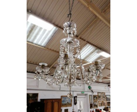 Cut-glass five-light chandelier, with faceted droplets and festooning, 77cm drop.