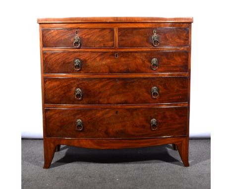 A Victorian mahogany bowfront chest of drawers, crossbanded top, fitted with two short and three long drawers, bracket feet, 
