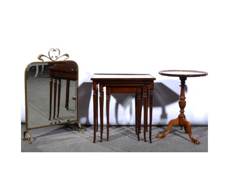 A reproduction mahogany pedestal wine table, tripod legs, diameter 41cm, figured walnut drop-leaf coffee table, another coffe