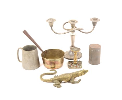 A pewter tankard, teapot, plated bread basket, candlabra, brass tobacco box, cubic inch measures, etc. .