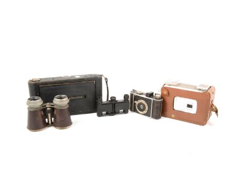 Ensign water plate folding camera, another old camera, cine camera, pair of Zeiss Icon folding binoculars and a pair of field