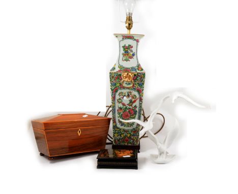A modern Chinese vase, serving as a lamp base, 47cm including stand, Fedoskino style Russian box, Regency rosewood tea caddy,
