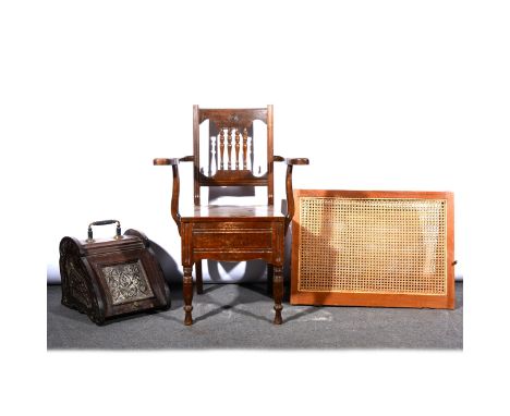 A Victorian carved walnut slope front coal box, width 35cm; Victorian stained wood chair commode;Victorian mahogany stool com