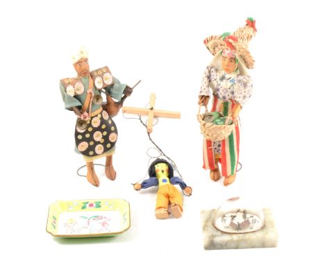 Canton enamel pin dish; miniature farm arrangement under a glass dome; two costume dolls; puppet (5)