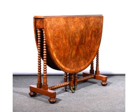 A Victorian burr walnut Sutherland table, oval top with satinwood cross-banding, boxwood stringing, bobbin-turned gatelegs, b