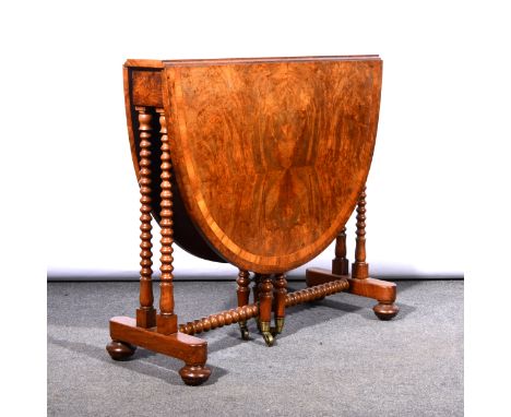 A Victorian burr walnut Sutherland table, oval top with satinwood cross-banding, boxwood stringing, bobbin-turned gatelegs, b