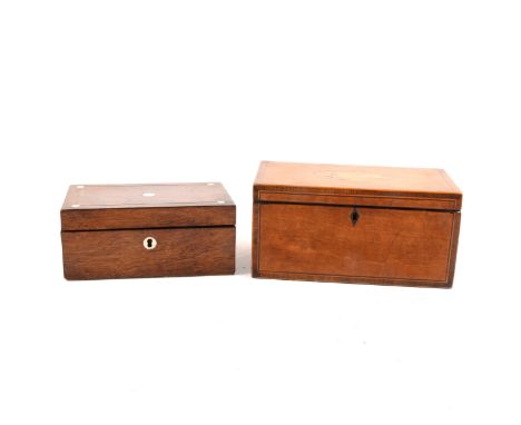 George III satinwood tea caddy, the hinged cover inlaid with shell motif, 23.8cm wide; and a Victorian rosewood work box with