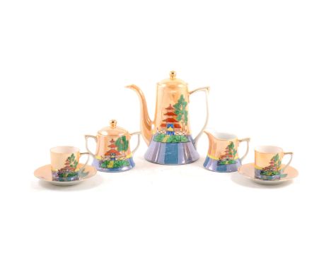 Japanese egg-shell porcelain coffee set, lustre glaze, painted with pagoda on an island, 6-place settings