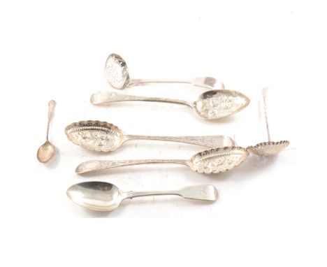 A silver sauce ladle, Thomas England, London 1722, a pair of silver berry spoons, maker's mark faint, London 1784, another pa