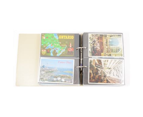 A collection of postcards in a ring binder album, together with a sheet affixed with embroidered postcards.