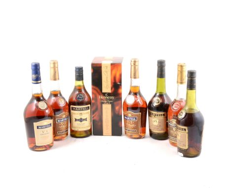 Hennessy Cognac, boxed and seven bottles of Martell brandy.