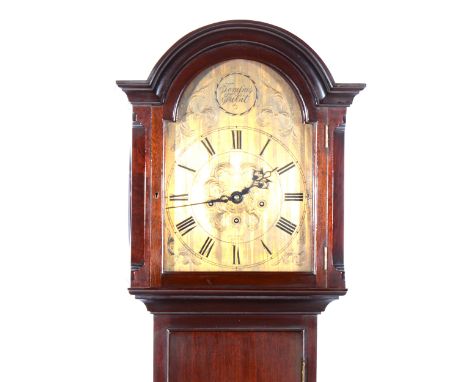 Mahogany longcase clock, arched hood with cavetto moulded cornice, long door, base on splayed bracket feet, 10” arched brass 