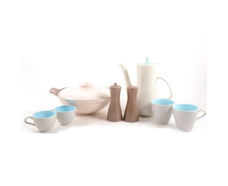 Poole Pottery, a quantity of twin-tone tableware, part coffee and dinner services, mostly brown and mushroom colourway. (Qty: