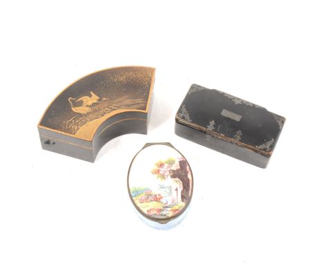 Battersea type enamel oval box; Victorian black lacquered snuff box; Japanese segment box. (3)