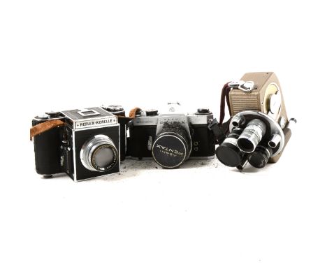 A Reflex Korelle camera, cased, An Asahi Pentax "Spotmatic" camera, cased, and a Sankyo R8 clockwork movie camera, (3).