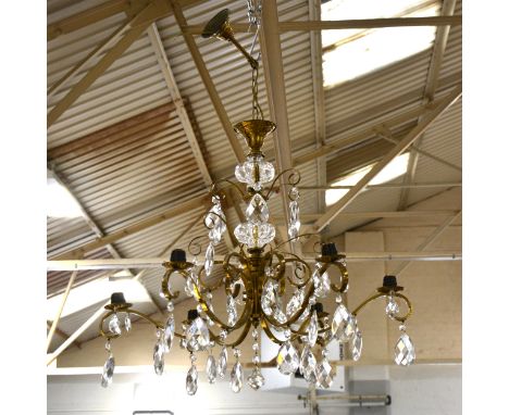 Dutch style six-light lacquered brass chandelier, with facet cut droplets, 85cm drop.