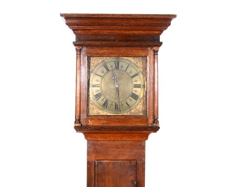 An oak longcase clock, square brass dial, signed Tho. Bradford, Buckingham, gilt painted spandrels, thirty-hour movement, str